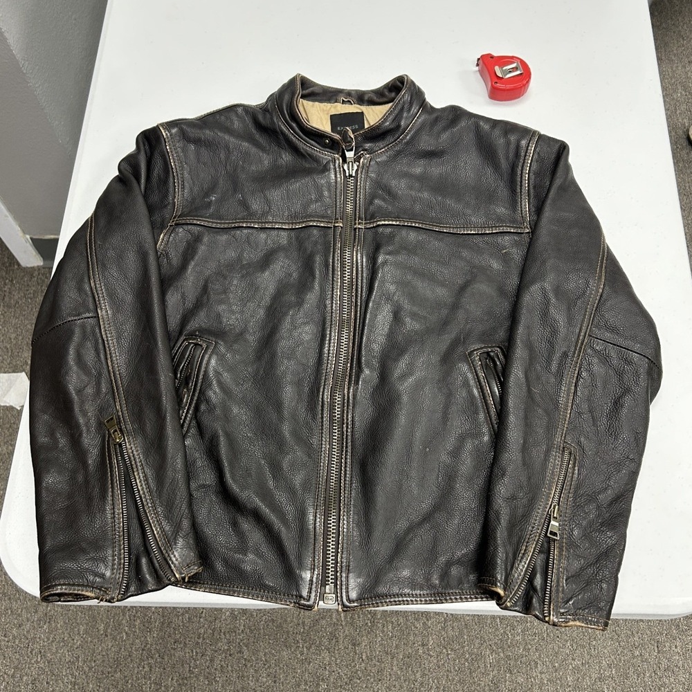 Express Leather Cafe Racer Jacket Mens Small Brown Distressed Moto Biker C3